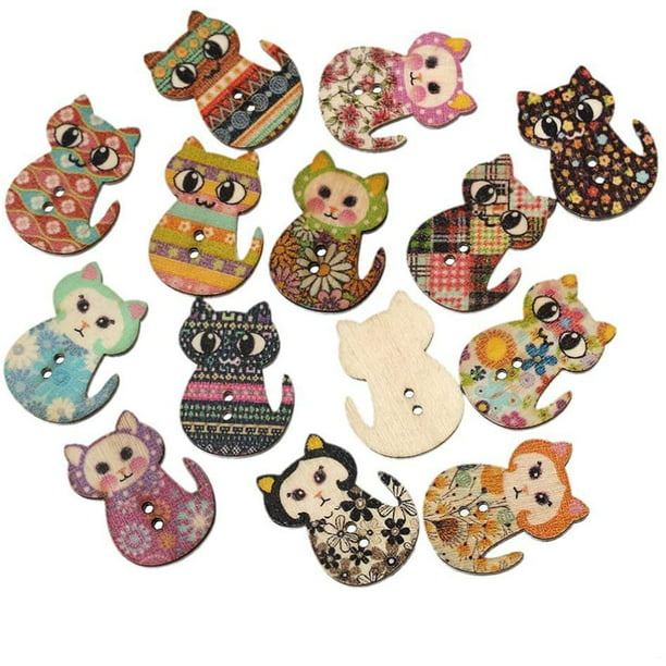 50PCs Mixed Colours Cute Cat 2-holes Wooden Button Charm Sewing Accessories